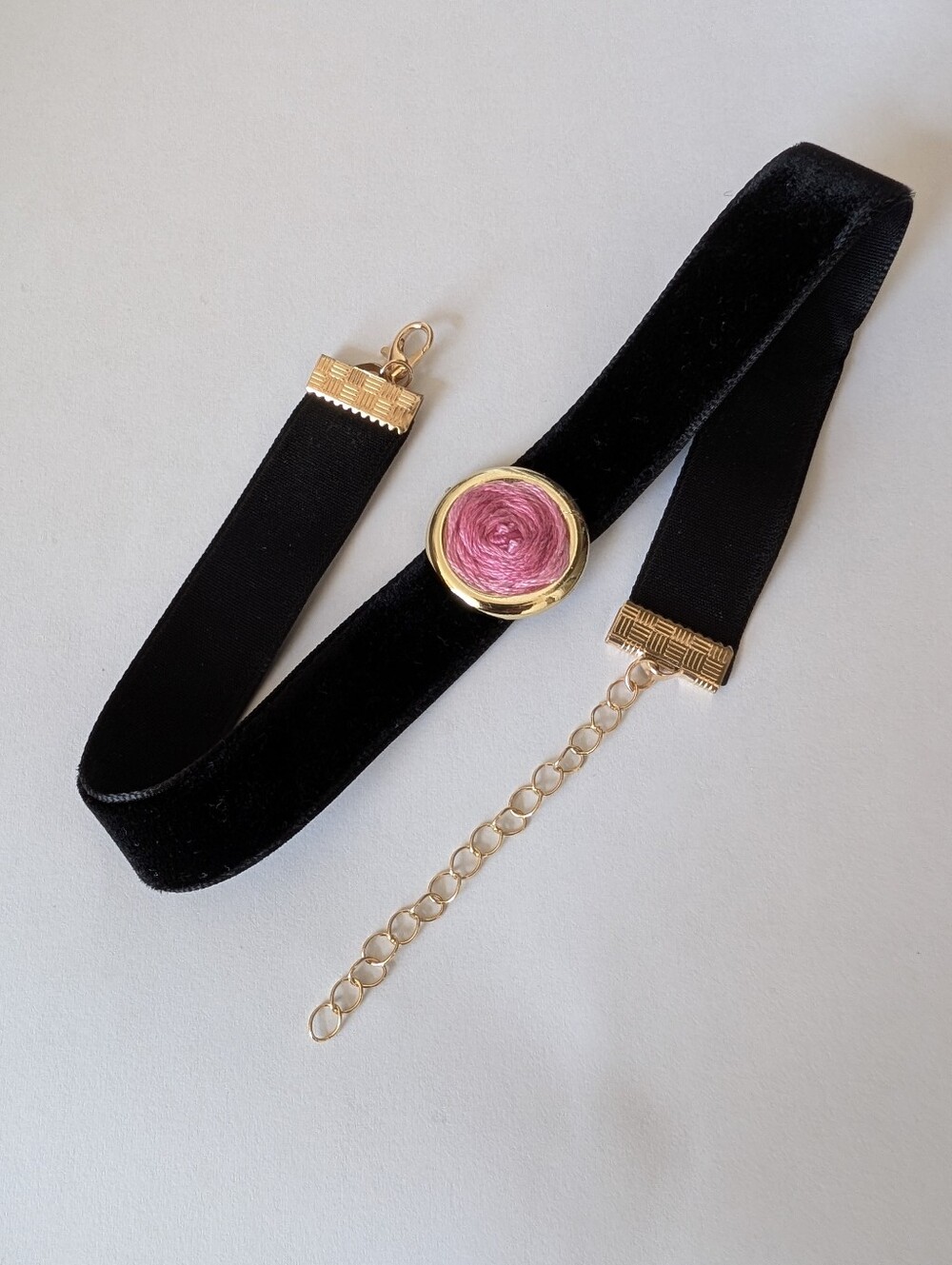 Black Velvet Choker Short Necklace With Hand Embroidered Pink Rose Flower Gold